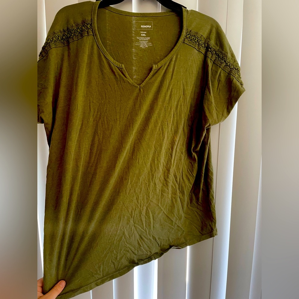 Olive green Sonoma short-sleeved shirt with a lace detail along the collarbones.